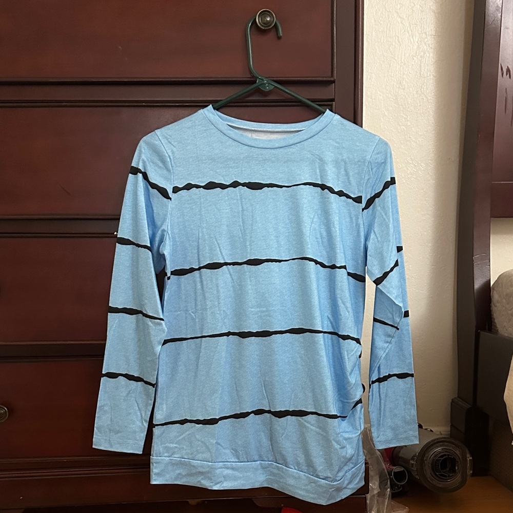 Blue Long Sleeve Shirt with Black Stripes